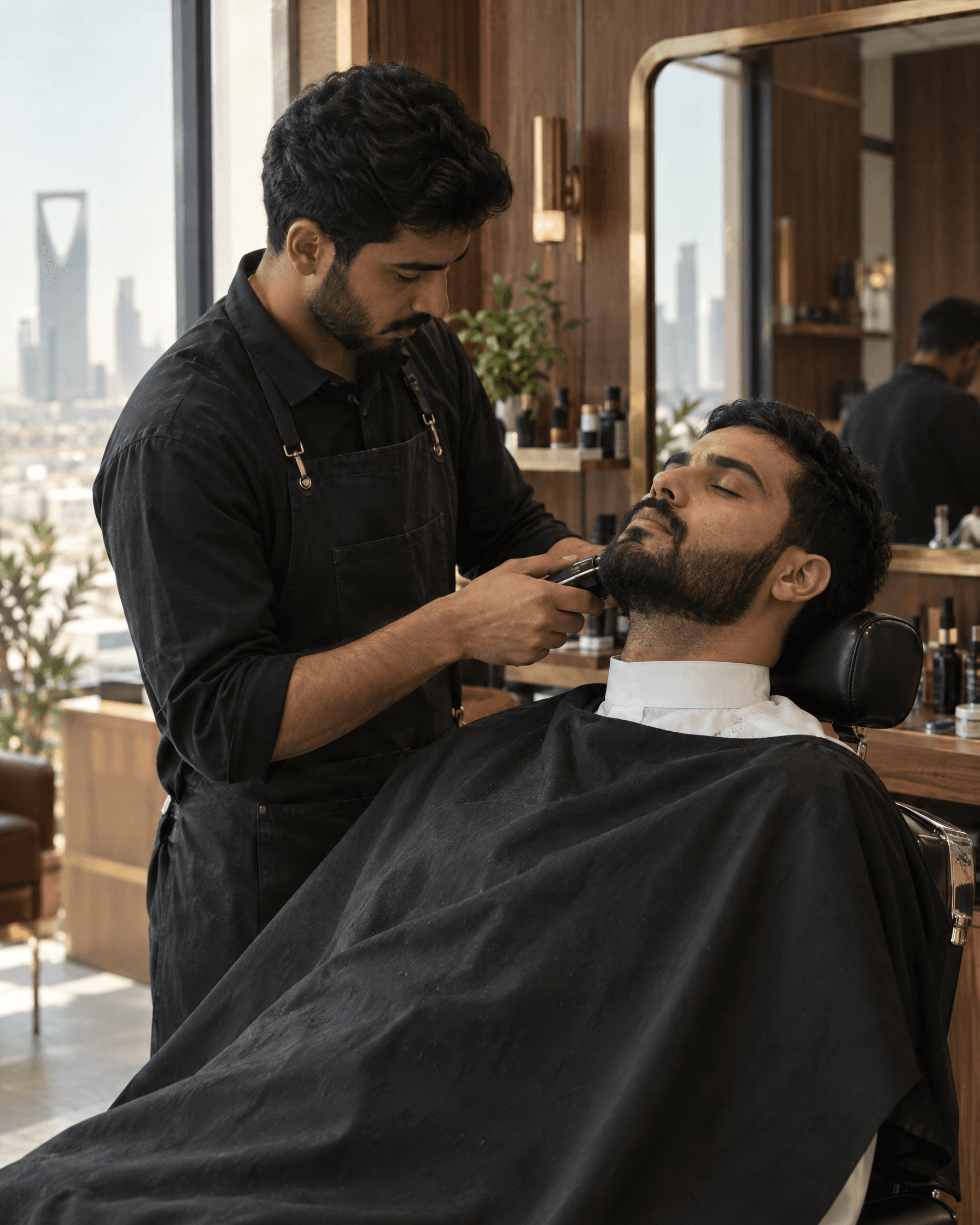 A barber trims a client's beard in a Riyadh barbershop.