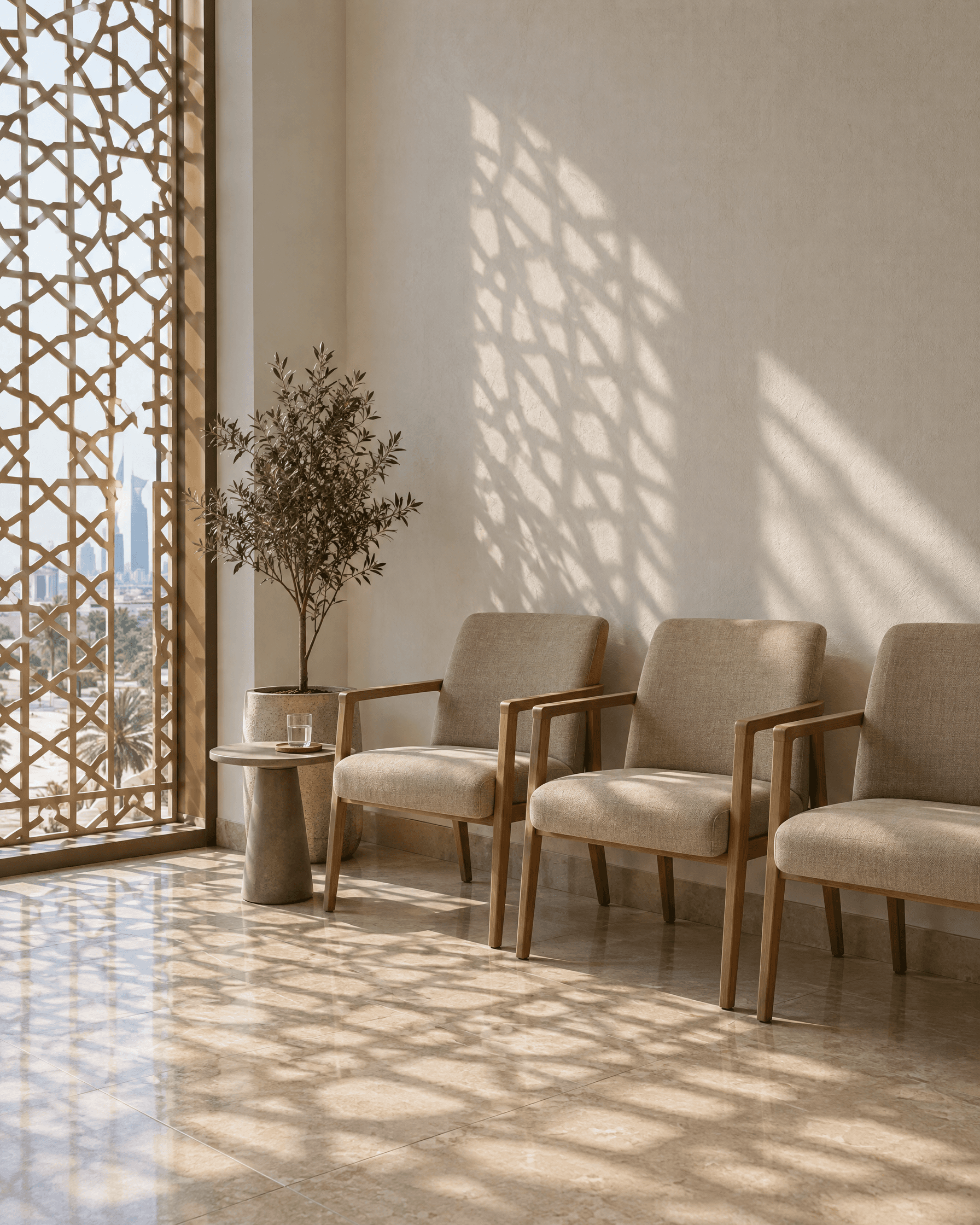 An empty clinic waiting area with sunlight through a mashrabiya screen.