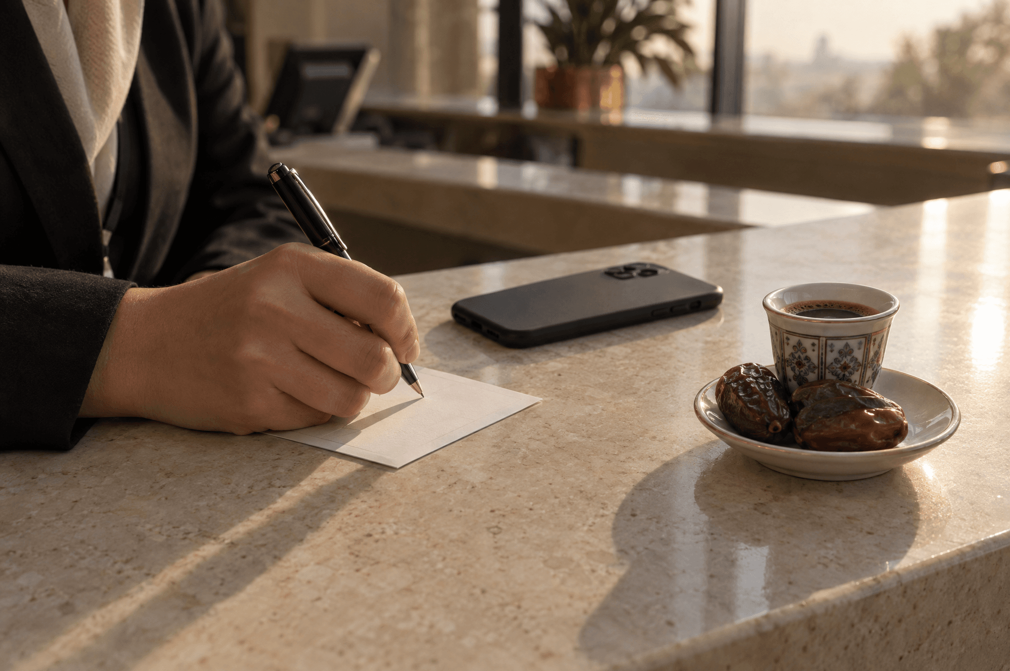 A hand writes on a paper appointment card next to Arabic coffee and dates.