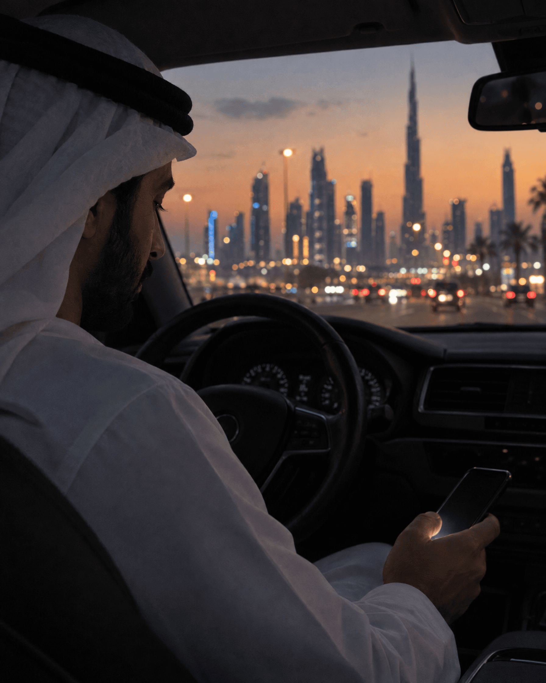 A man in a parked car at dusk glances at his phone.